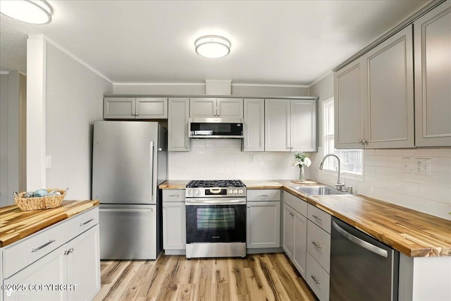 3624 E 16th Ave, Anchorage, AK 99508 - kitchen featuring butcher block counters, appliances with stainless steel finishes, a sink, gray cabinetry, and decorative backsplash