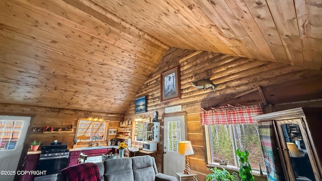 living room featuring wooden ceiling, wooden walls, and high vaulted ceiling