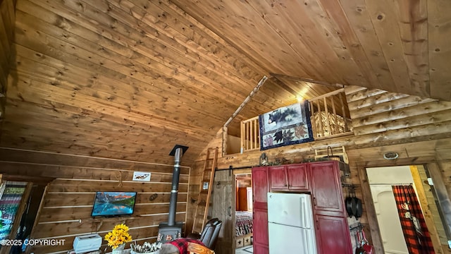 interior space featuring wood ceiling, wooden walls, and high vaulted ceiling