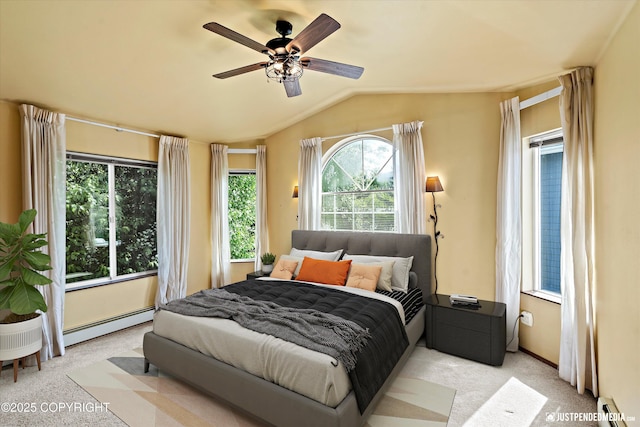 10321 Compass Cir, Anchorage, AK 99515 - bedroom featuring baseboard heating, lofted ceiling, light colored carpet, and a ceiling fan