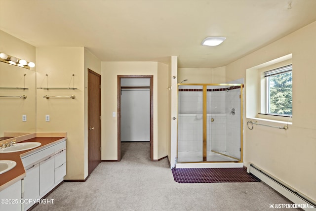 10321 Compass Cir, Anchorage, AK 99515 - bathroom with baseboard heating, vanity, a shower stall, baseboards, and carpet floors