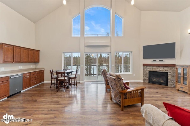 53578 Bell Ave, Nikiski/North Kenai, AK 99611 - living area featuring high vaulted ceiling, dark wood-style flooring, a fireplace, and baseboards