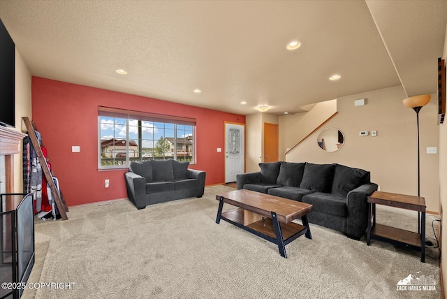 241 N Pasture Pl, Palmer, AK 99645 - living room featuring carpet floors, recessed lighting, stairs, and baseboards