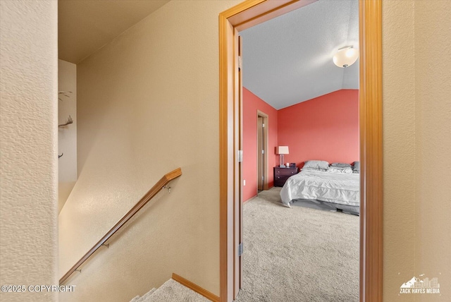 241 N Pasture Pl, Palmer, AK 99645 - carpeted bedroom featuring lofted ceiling and a textured wall
