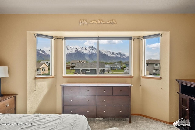 241 N Pasture Pl, Palmer, AK 99645 - bedroom with carpet, a mountain view, and baseboards