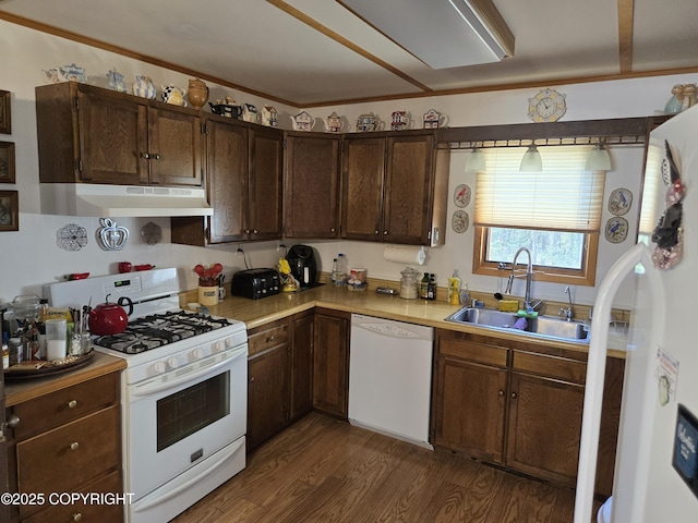 35515 King Salmon Ave, Soldotna, AK 99669 - kitchen with white appliances, under cabinet range hood, a sink, dark wood-style flooring, and light countertops