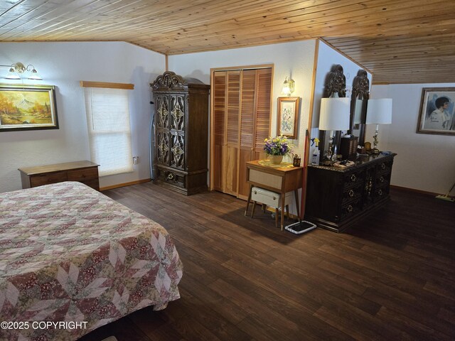 35515 King Salmon Ave, Soldotna, AK 99669 - bedroom featuring wooden ceiling, lofted ceiling, wood finished floors, a closet, and baseboards