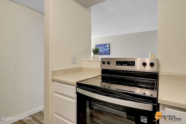 4640 Reka Dr Unit 19, Anchorage, AK 99508 - kitchen with stainless steel range with electric stovetop, white cabinets, light countertops, wood finished floors, and baseboards