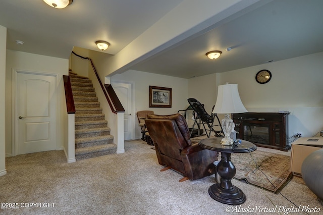 10885 Splendor Loop, Eagle River, AK 99577 - carpeted living room featuring stairs and baseboards