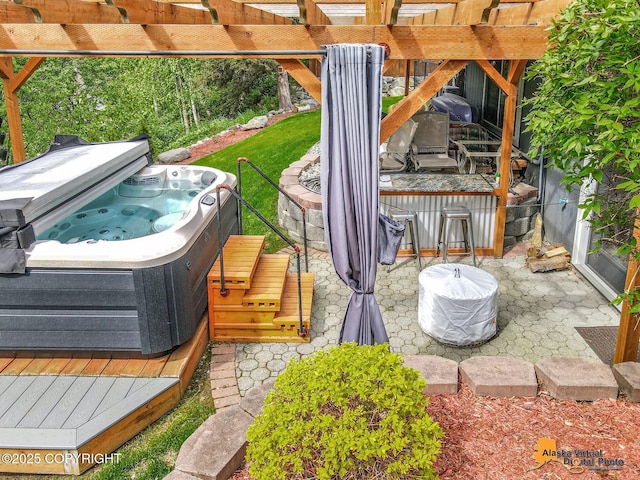 10885 Splendor Loop, Eagle River, AK 99577 - wooden terrace featuring a hot tub, a pergola, and a patio area
