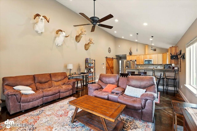 37638 Dutch Landing Loop, Sterling, AK 99672 - living area with a barn door, ceiling fan, baseboards, recessed lighting, and high vaulted ceiling