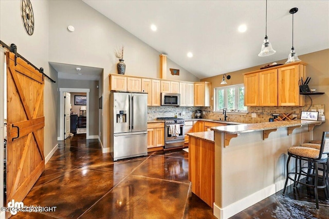 37638 Dutch Landing Loop, Sterling, AK 99672 - kitchen with stainless steel appliances, a peninsula, high vaulted ceiling, backsplash, and light brown cabinetry
