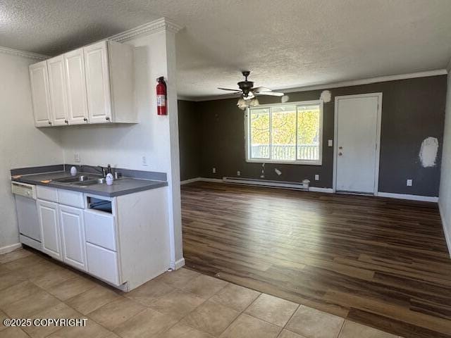 180 Grand Larry St Unit B6, Anchorage, AK 99504 - kitchen featuring a baseboard heating unit, a sink, dishwasher, a textured ceiling, and ceiling fan