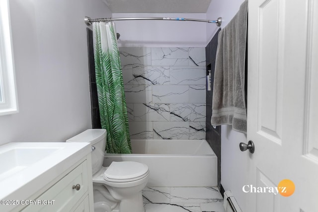 1147 Choctaw Rd, North Pole, AK 99705 - full bathroom with toilet, shower / bath combination with curtain, vanity, and marble finish flooring