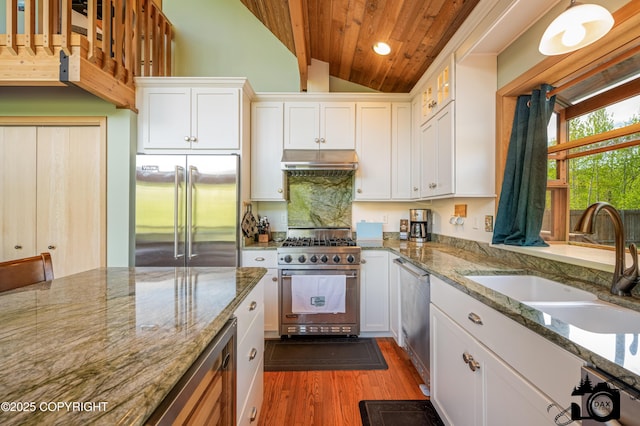 18365 E Twin Hills Ln, Sutton, AK 99645 - kitchen featuring high end appliances, vaulted ceiling, a sink, white cabinets, and wood finished floors