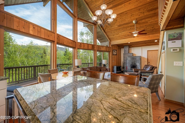18365 E Twin Hills Ln, Sutton, AK 99645 - dining area with wooden ceiling, wood finished floors, high vaulted ceiling, a ceiling fan, and a fireplace