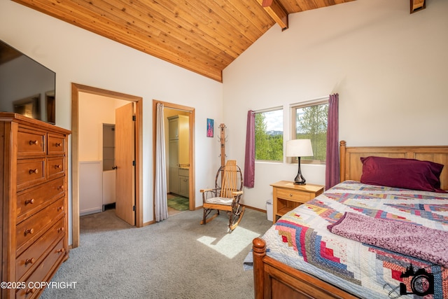 18365 E Twin Hills Ln, Sutton, AK 99645 - bedroom featuring light carpet, wooden ceiling with exposed beams, ensuite bath, a spacious closet, and high vaulted ceiling