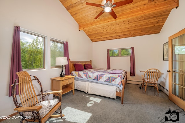 18365 E Twin Hills Ln, Sutton, AK 99645 - bedroom featuring lofted ceiling, carpet, wood ceiling, and a baseboard radiator