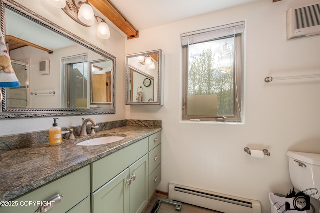 18365 E Twin Hills Ln, Sutton, AK 99645 - bathroom with a baseboard radiator, beamed ceiling, vanity, an enclosed shower, and toilet