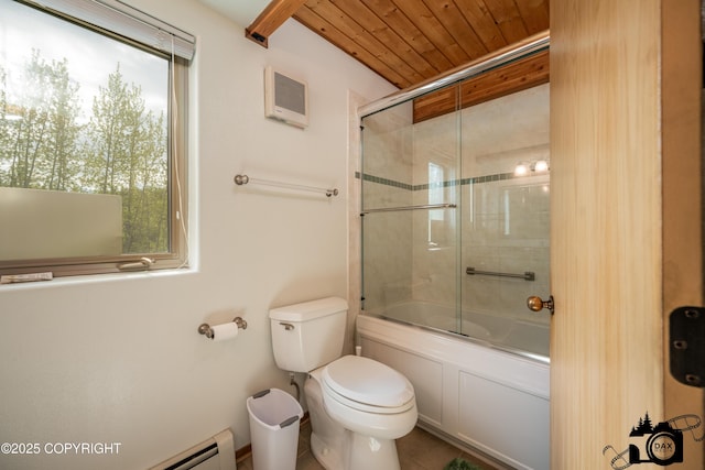 18365 E Twin Hills Ln, Sutton, AK 99645 - bathroom with toilet, bath / shower combo with glass door, wood ceiling, and a baseboard radiator