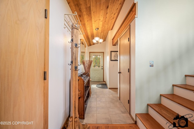 18365 E Twin Hills Ln, Sutton, AK 99645 - corridor with wood ceiling, stairway, light tile patterned floors, vaulted ceiling, and a chandelier