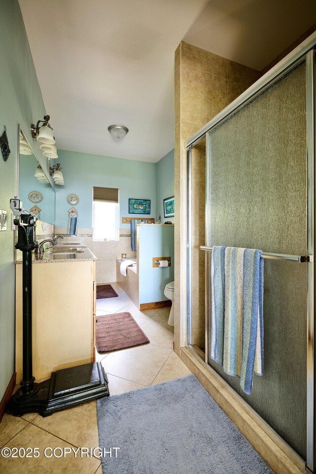 41293 Crested Crane St, Homer, AK 99603 - bathroom featuring tile patterned flooring, toilet, a shower stall, and vanity