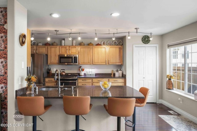 2823 Discovery Bay Dr, Anchorage, AK 99515 - kitchen with appliances with stainless steel finishes, a sink, baseboards, a kitchen breakfast bar, and dark wood-type flooring