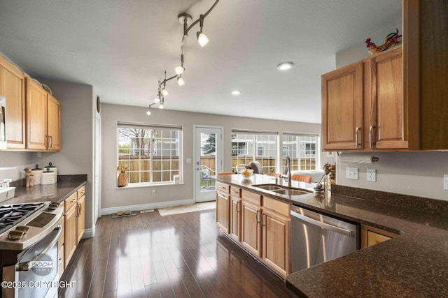 2823 Discovery Bay Dr, Anchorage, AK 99515 - kitchen with appliances with stainless steel finishes, a sink, baseboards, a peninsula, and dark wood-style floors
