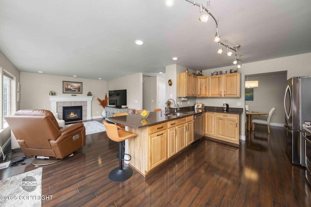 2823 Discovery Bay Dr, Anchorage, AK 99515 - kitchen featuring a sink, appliances with stainless steel finishes, open floor plan, dark wood-style flooring, and recessed lighting
