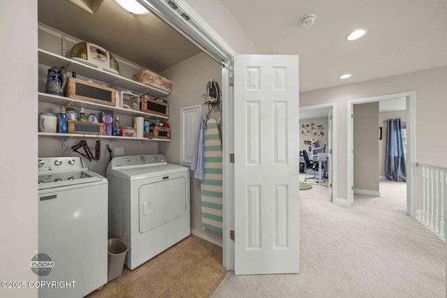 2823 Discovery Bay Dr, Anchorage, AK 99515 - laundry area featuring washing machine and clothes dryer, baseboards, light carpet, recessed lighting, and a desk