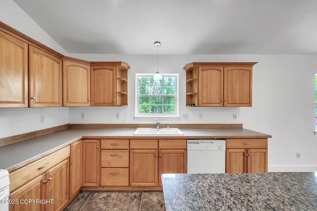 1151 W Gail Dr, Wasilla, AK 99654 - kitchen with a sink, dishwasher, open shelves, decorative light fixtures, and dark countertops