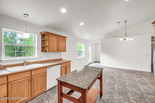 1151 W Gail Dr, Wasilla, AK 99654 - kitchen featuring white dishwasher, a sink, vaulted ceiling, pendant lighting, and a chandelier