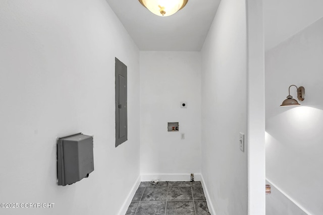 1151 W Gail Dr, Wasilla, AK 99654 - washroom with electric dryer hookup, hookup for a washing machine, baseboards, electric panel, and tile patterned floors