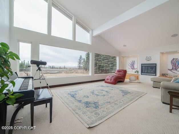 37397 Cetacea Ln, Kenai, AK 99611 - living room with high vaulted ceiling, beam ceiling, and carpet