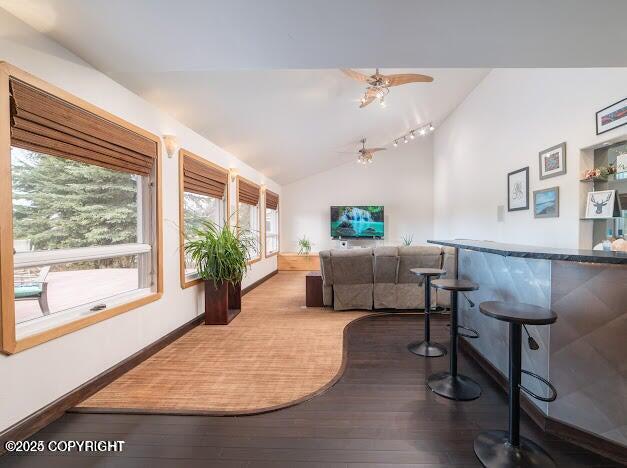 37397 Cetacea Ln, Kenai, AK 99611 - living area featuring lofted ceiling, hardwood / wood-style floors, a dry bar, ceiling fan, and baseboards