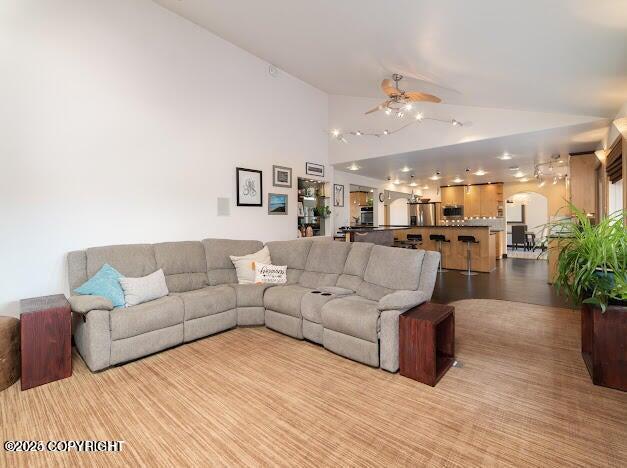 37397 Cetacea Ln, Kenai, AK 99611 - living room featuring lofted ceiling and ceiling fan