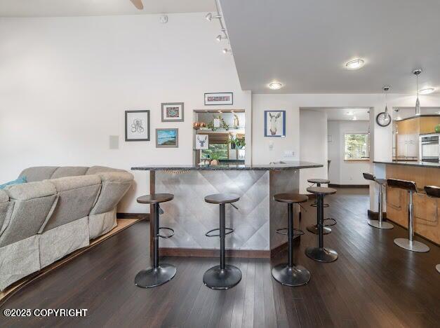 37397 Cetacea Ln, Kenai, AK 99611 - bar with dark wood-type flooring, track lighting, and baseboards