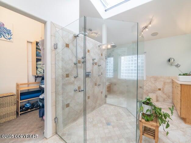 37397 Cetacea Ln, Kenai, AK 99611 - bathroom featuring a skylight, a stall shower, track lighting, vanity, and tile patterned floors