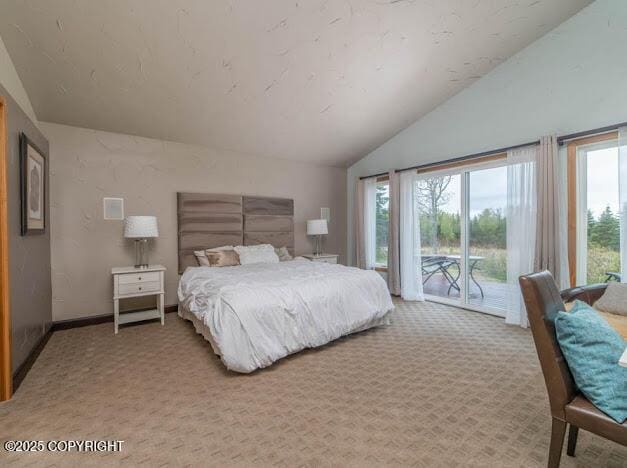 37397 Cetacea Ln, Kenai, AK 99611 - bedroom with access to exterior, light carpet, and lofted ceiling
