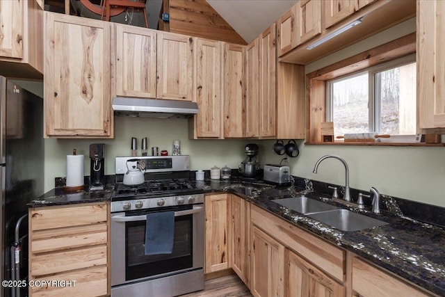 1080 Leuthold Dr, Fairbanks, AK 99712 - kitchen with gas stove, under cabinet range hood, a sink, light brown cabinetry, and vaulted ceiling
