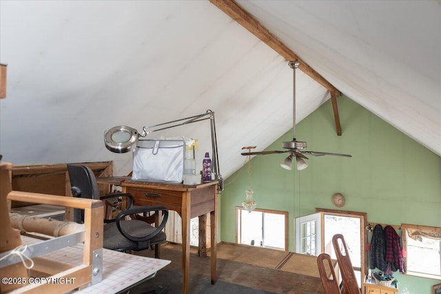 1080 Leuthold Dr, Fairbanks, AK 99712 - living area with high vaulted ceiling, a ceiling fan, carpet, and beamed ceiling