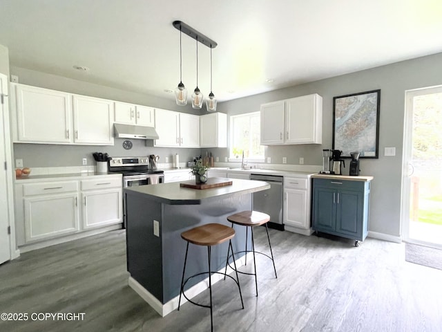 517 Sut Larsen Way, Kodiak, AK 99615 - kitchen with appliances with stainless steel finishes, under cabinet range hood, white cabinets, and light wood-type flooring