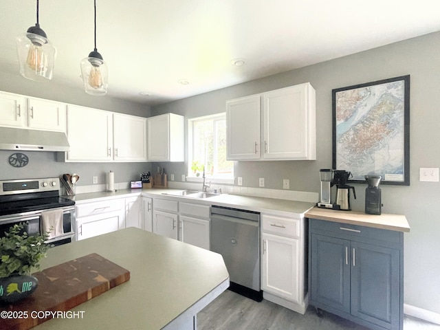 517 Sut Larsen Way, Kodiak, AK 99615 - kitchen with stainless steel appliances, under cabinet range hood, a sink, light wood-type flooring, and white cabinetry