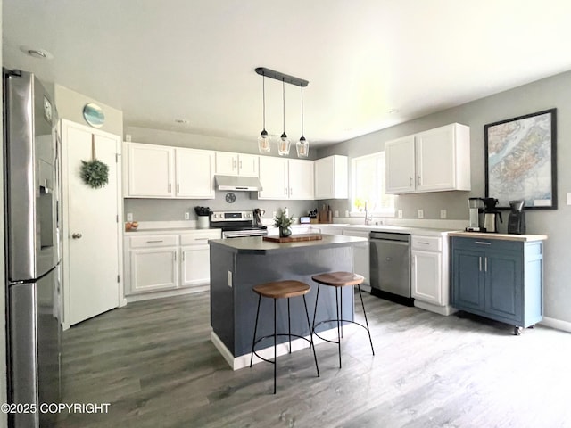 517 Sut Larsen Way, Kodiak, AK 99615 - kitchen with appliances with stainless steel finishes, under cabinet range hood, wood finished floors, white cabinetry, and a kitchen island
