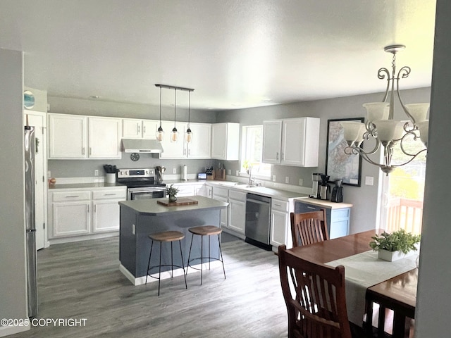 517 Sut Larsen Way, Kodiak, AK 99615 - kitchen with stainless steel appliances, under cabinet range hood, white cabinetry, dark wood-style floors, and a center island