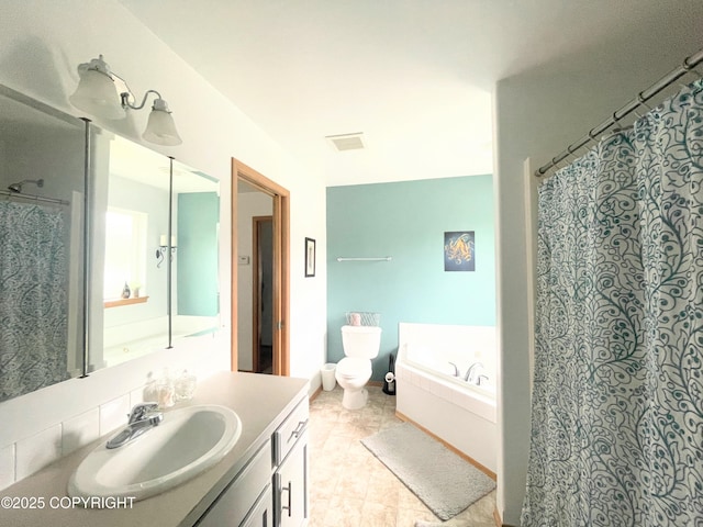 517 Sut Larsen Way, Kodiak, AK 99615 - bathroom featuring vanity, a garden tub, toilet, and curtained shower