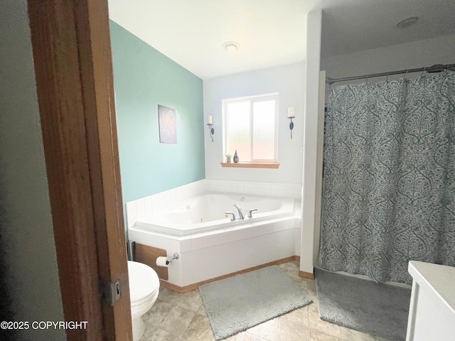 517 Sut Larsen Way, Kodiak, AK 99615 - bathroom featuring toilet, a jetted tub, curtained shower, and tile patterned floors