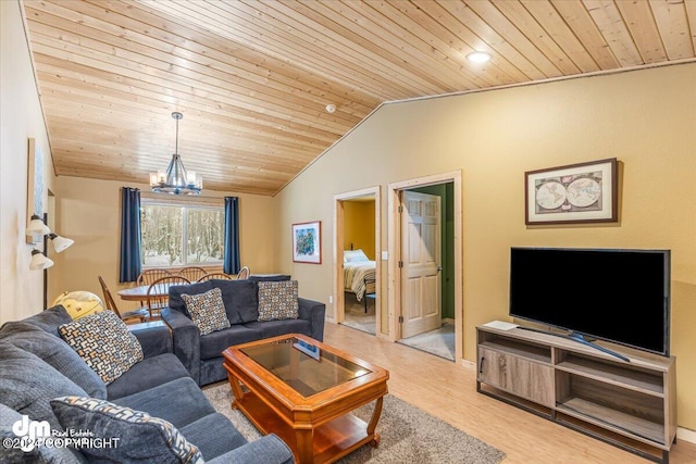 33773 Ruth Glacier Ave, Talkeetna, AK 99676 - living room featuring wooden ceiling, a chandelier, wood finished floors, lofted ceiling, and baseboards