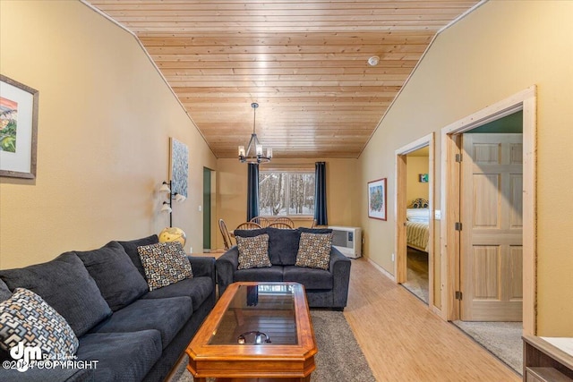 33773 Ruth Glacier Ave, Talkeetna, AK 99676 - living room with wooden ceiling, vaulted ceiling, a chandelier, and light wood-style floors