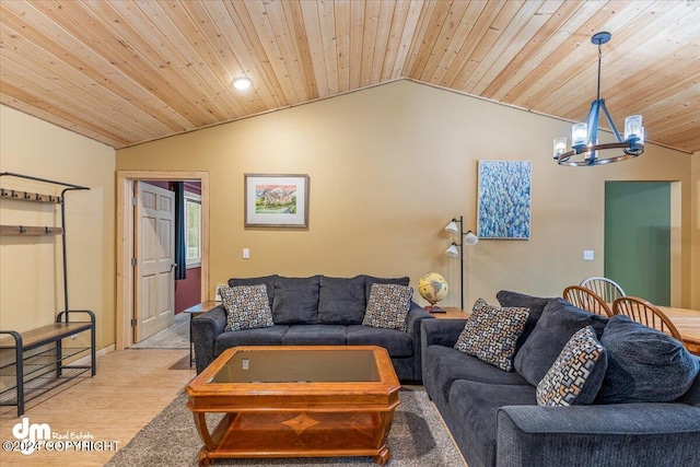 33773 Ruth Glacier Ave, Talkeetna, AK 99676 - living room with vaulted ceiling, a chandelier, wood ceiling, and light wood-style flooring
